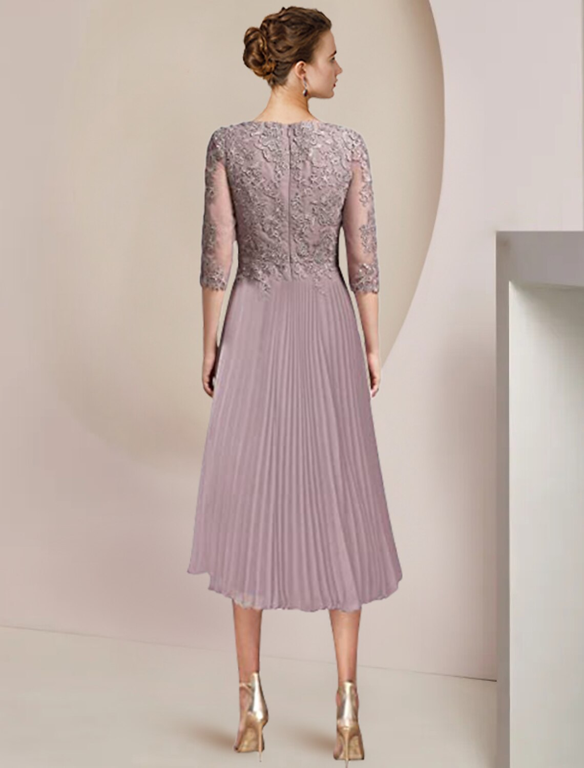 Wholesale  Two Piece A-Line Mother of the Bride Dress Formal Wedding Guest Elegant Scoop Neck Tea Length Lace 3/4 Length Sleeve Wrap Included with Pleats Appliques