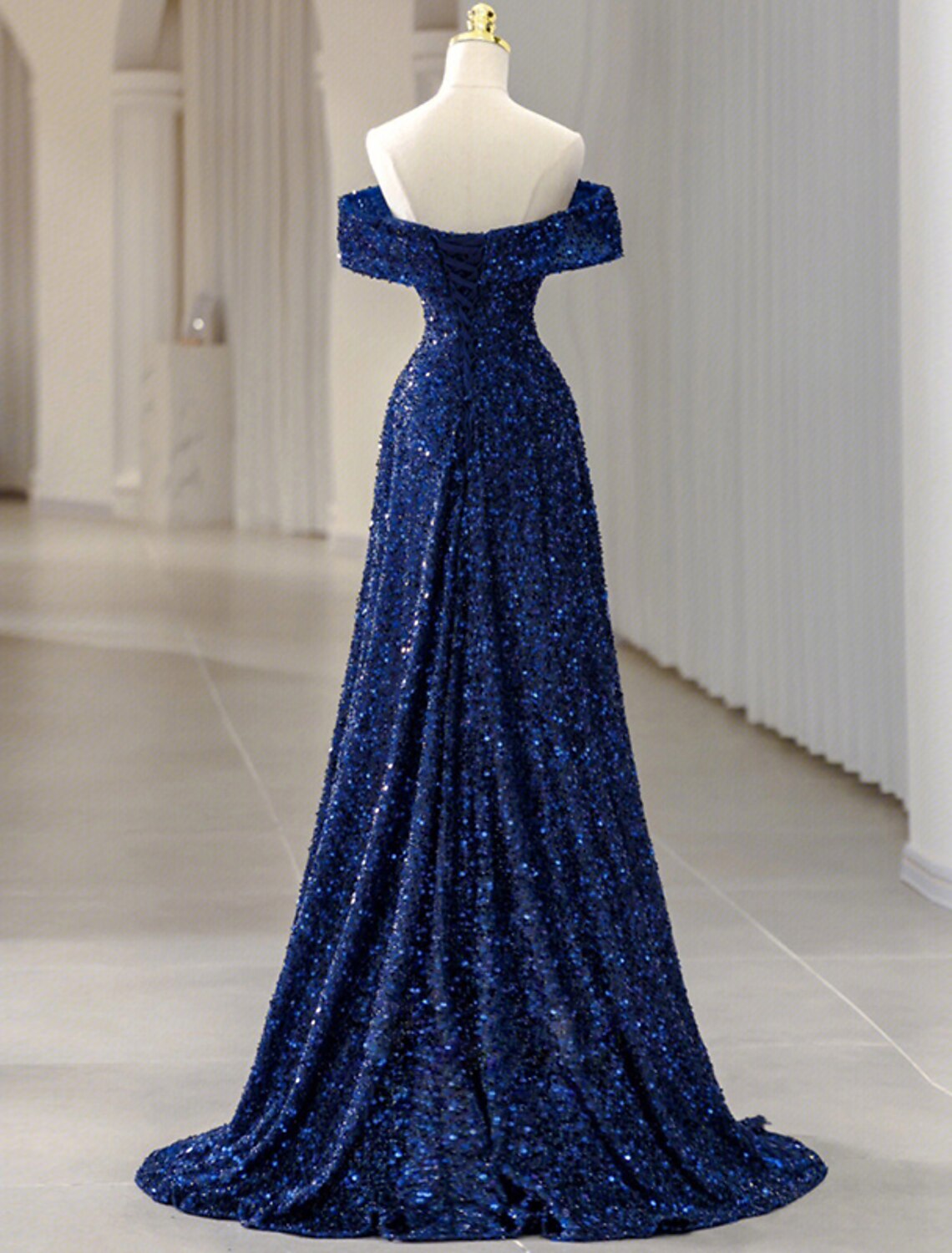 Wholesale A-Line Evening Gown Sparkle & Shine Dress Formal Wedding Guest Sweep / Brush Train Sleeveless Off Shoulder Sequined with Glitter Sequin