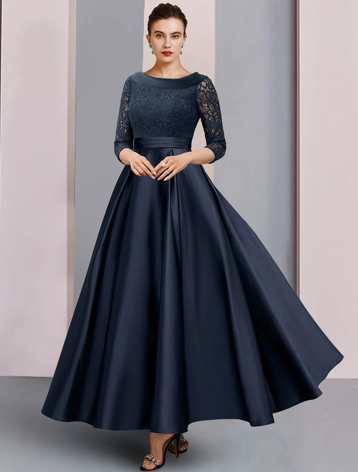 Wholesale A-Line Mother of the Bride Dress Formal Wedding Guest Elegant Vintage Bateau Neck Ankle Length Satin Lace 3/4 Length Sleeve with Pleats Ruched
