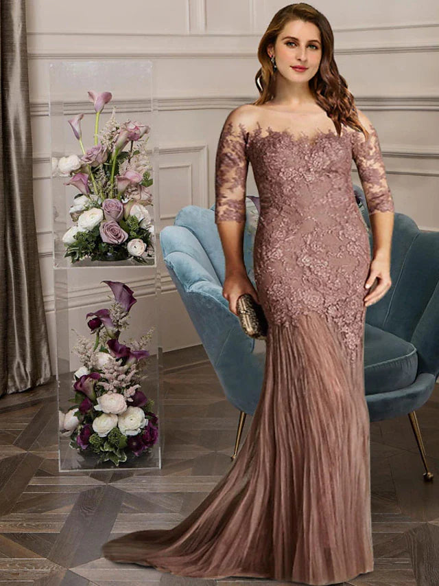 Wholesale Mermaid / Trumpet Plus Size Curve Mother of the Bride Dresses Elegant Dress Formal Sweep / Brush Train Sleeveless Jewel Neck Lace with Pleats Appliques