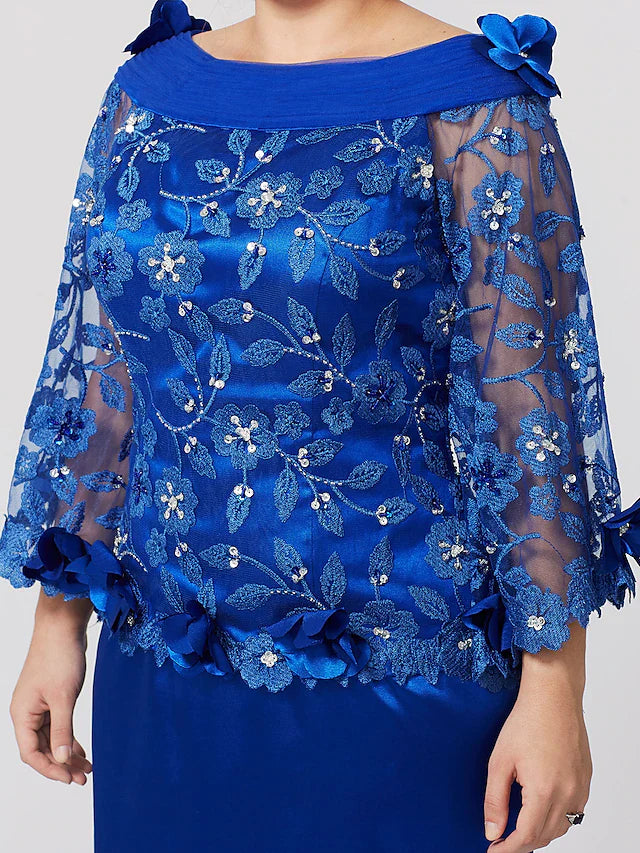 Wholesale Mermaid / Trumpet Mother of the Bride Dress Formal Plus Size Elegant Bateau Neck Sweep / Brush Train Lace Over Charmeuse Long Sleeve No with Pleats Ruffles