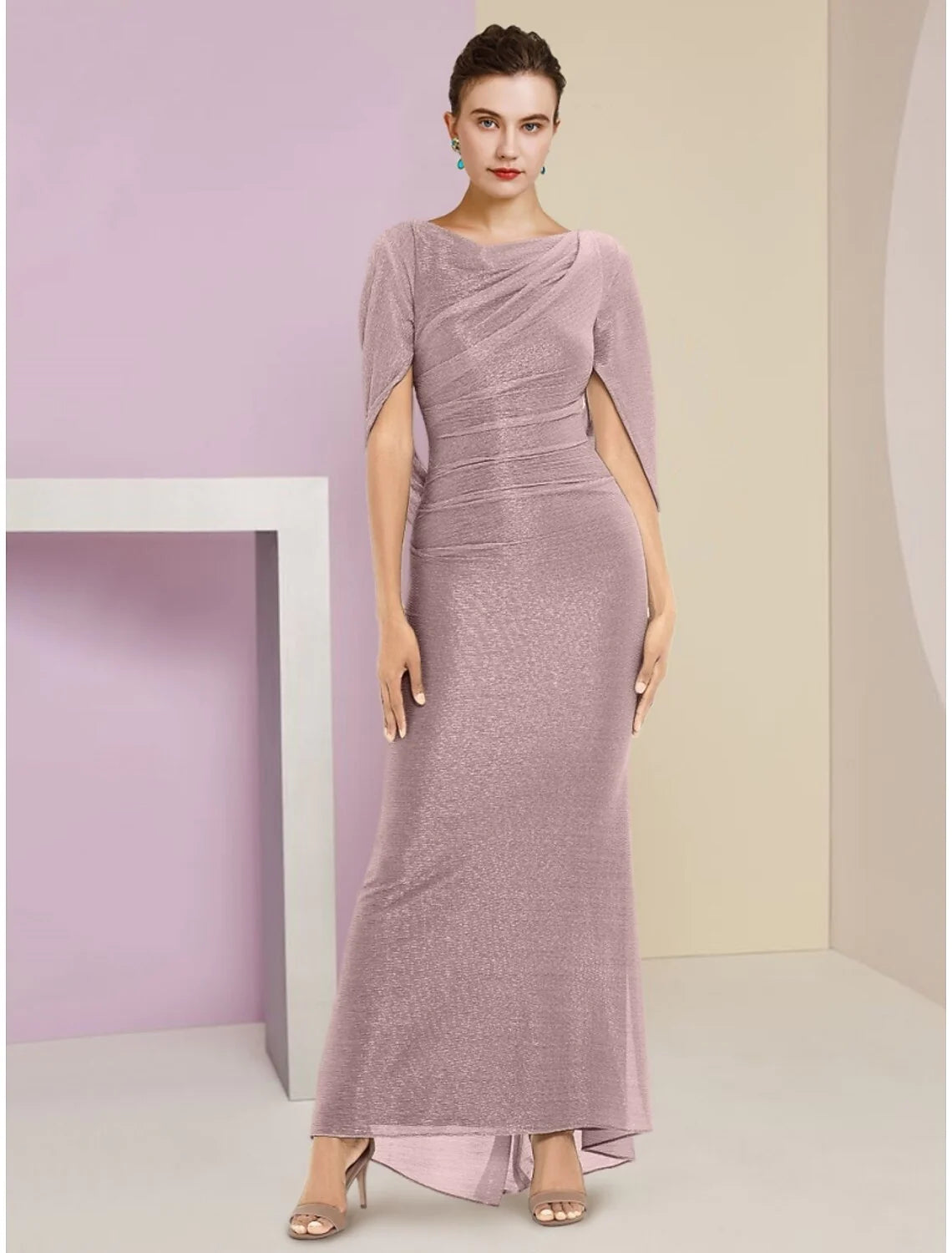 Wholesale Mermaid / Trumpet Mother of the Bride Dress Wedding Guest Sparkle & Shine Elegant Scoop Neck Ankle Length Chiffon Half Sleeve with Sequin Ruching Solid