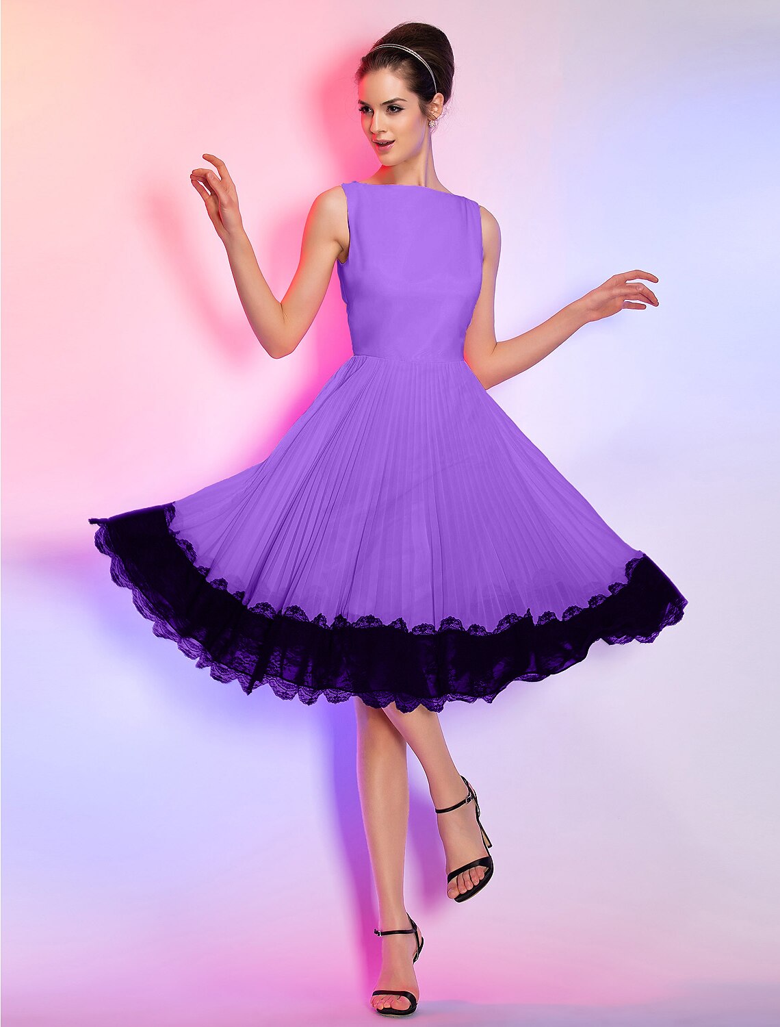 Wholesale A-Line Vintage Dress Homecoming Graduation Knee Length Sleeveless Boat Neck Pink Dress Chiffon with Lace