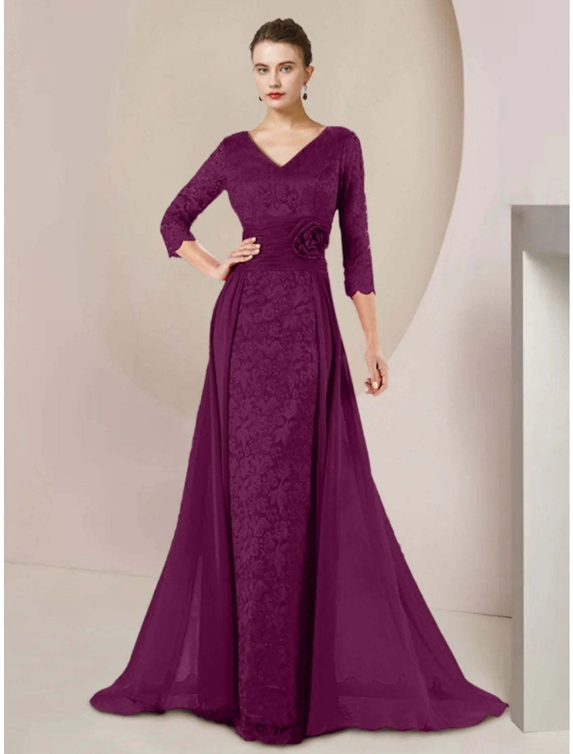Wholesale A-Line Mother of the Bride Dress Wedding Guest Elegant V Neck Floor Length Chiffon 3/4 Length Sleeve with Appliques Ruching