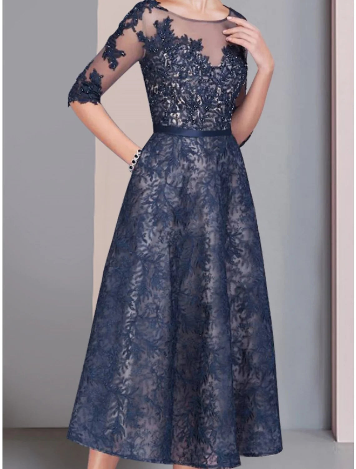 Wholesale A-Line Mother of the Bride Dress Wedding Guest Elegant Scoop Neck Tea Length Lace Half Sleeve with Ruching Solid Color
