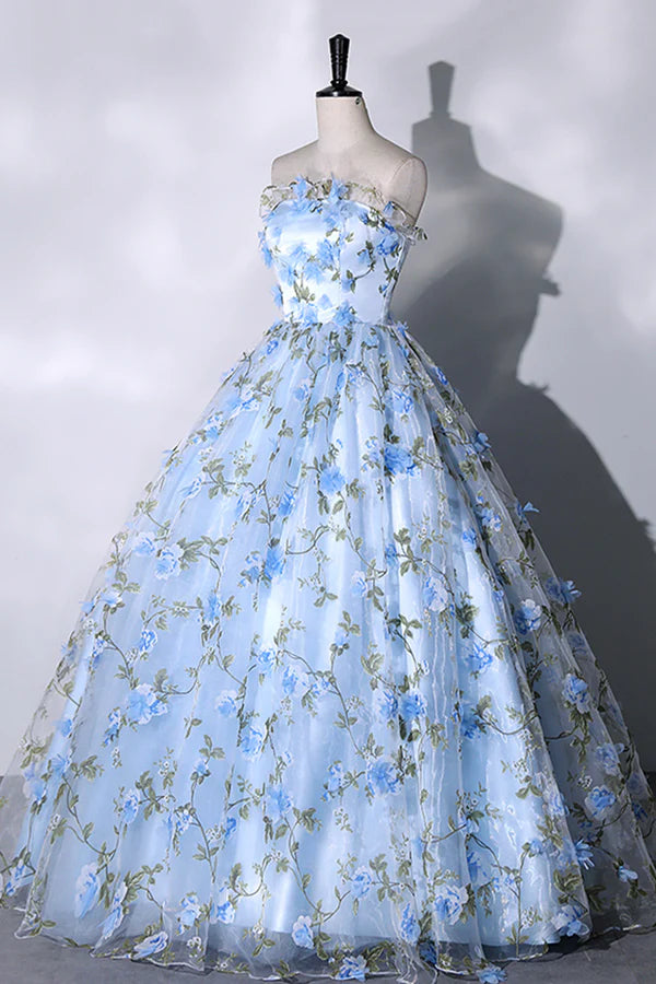 Wholesale Blue Strapless Tulle Long Prom Dress A-Line Evening Dress Party Dress