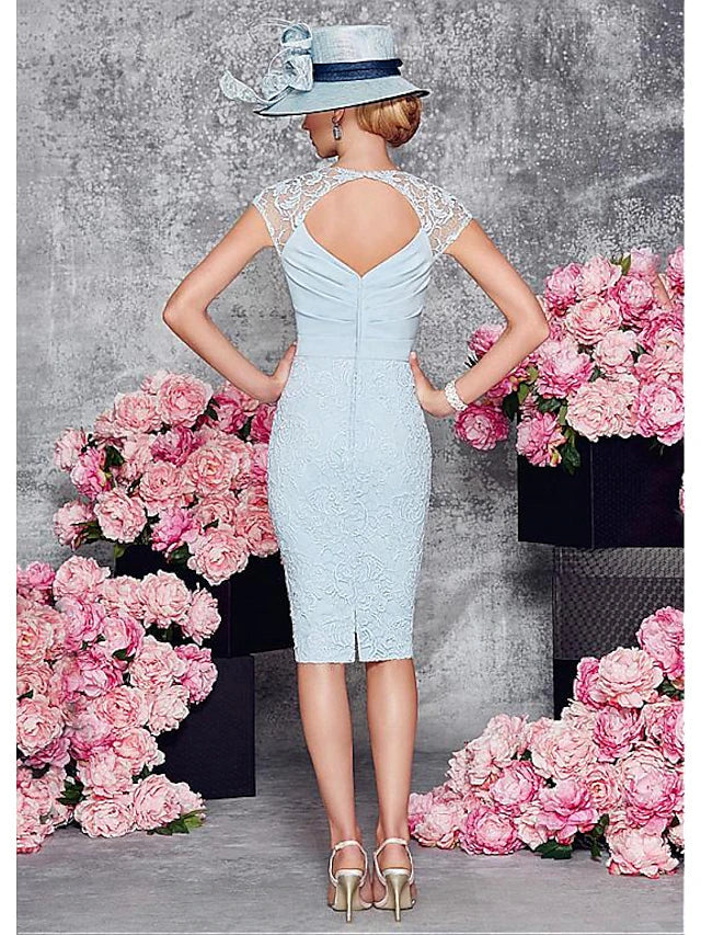 Wholesale Two Piece Sheath / Column Mother of the Bride Dress Wedding Guest Church Plunging Neck Knee Length Satin Lace Half Sleeve Short Jacket Dresses with Lace Split Front Crystal Brooch