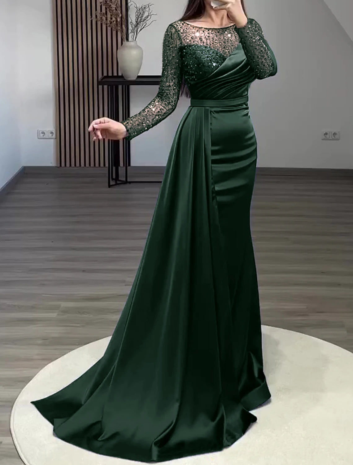 Wholesale Mermaid Dress Evening Gown Christmas Red Green Dress Formal Wedding Guest Court Train Long Sleeve Jewel Neck Charmeuse with Ruched Pearls Sequin
