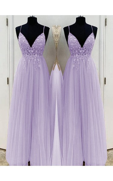 TingPo Wholesale Elegant A-Line/Elegant Beading Tulle Spaghetti Straps Sleeveless Floor-Length Prom Dresses