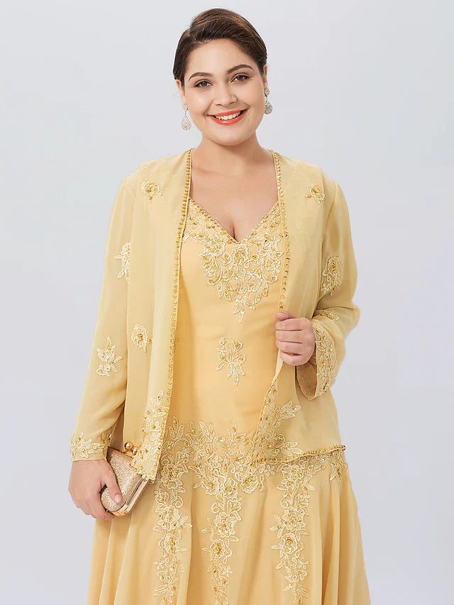 Wholesale A-Line Mother of the Bride Dress Formal Plus Size Elegant High Low V Neck Asymmetrical Chiffon Beaded Lace Long Sleeve Wrap Included with Beading Appliques