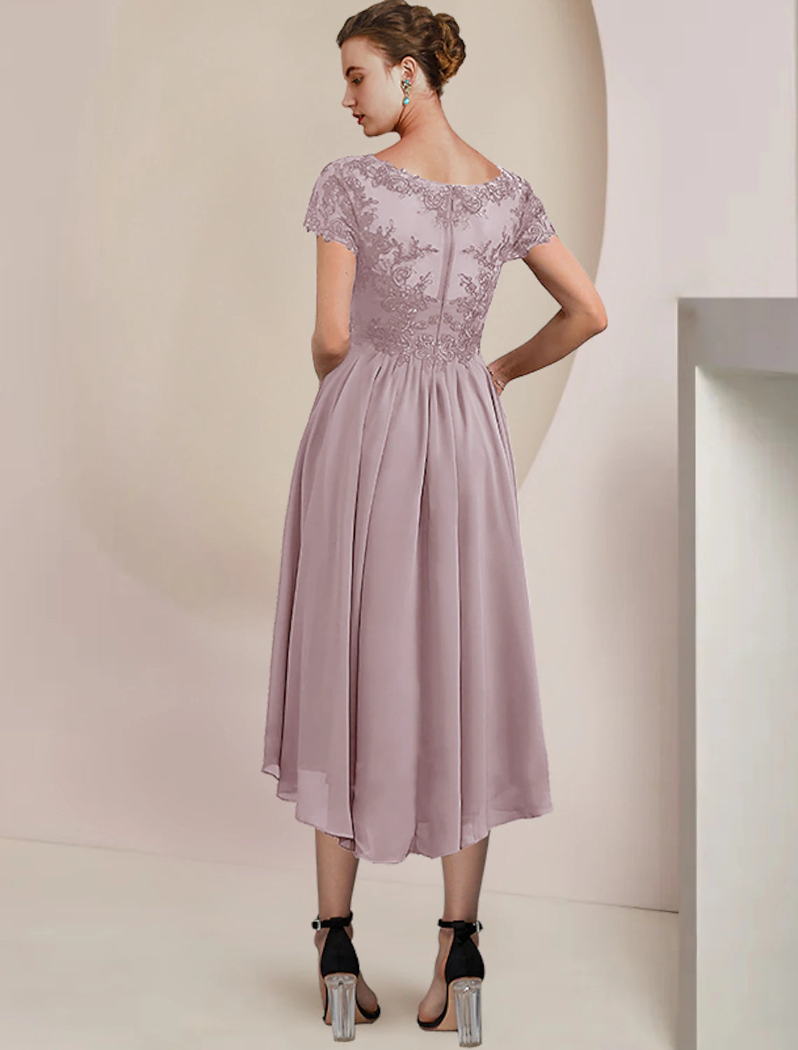 Wholesale  Two Piece A-Line Mother of the Bride Dress Formal Wedding Guest Elegant V Neck Asymmetrical Tea Length Chiffon Lace Short Sleeve Wrap Included with Pleats Appliques