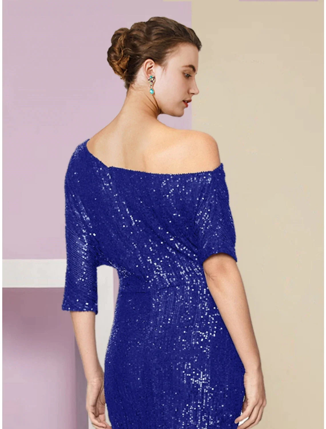 Wholesale Sheath / Column Mother of the Bride Dress Wedding Guest Sparkle & Shine Elegant Off Shoulder Sweep / Brush Train Sequined Half Sleeve with Sequin Ruching Solid Color