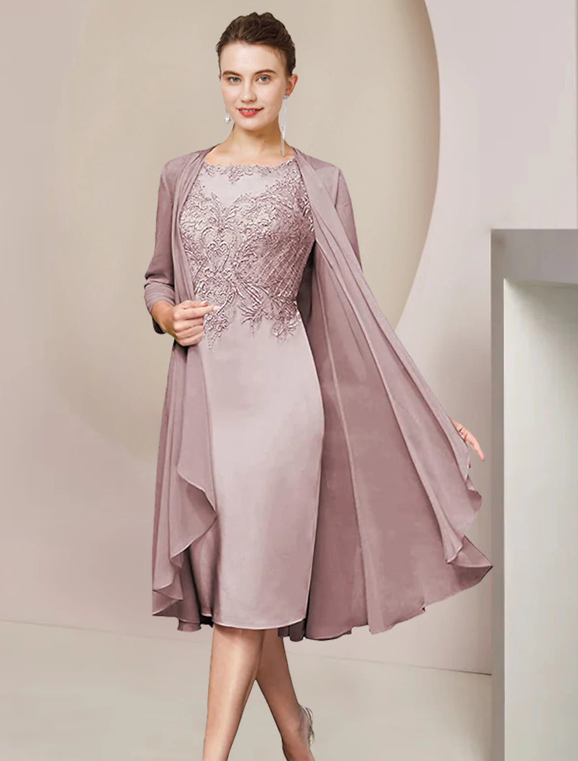 Wholesale Two Piece Sheath / Column Mother of the Bride Dress Formal Wedding Guest Elegant Scoop Neck Knee Length Chiffon Lace Half Sleeve Jacket Dresses with Appliques