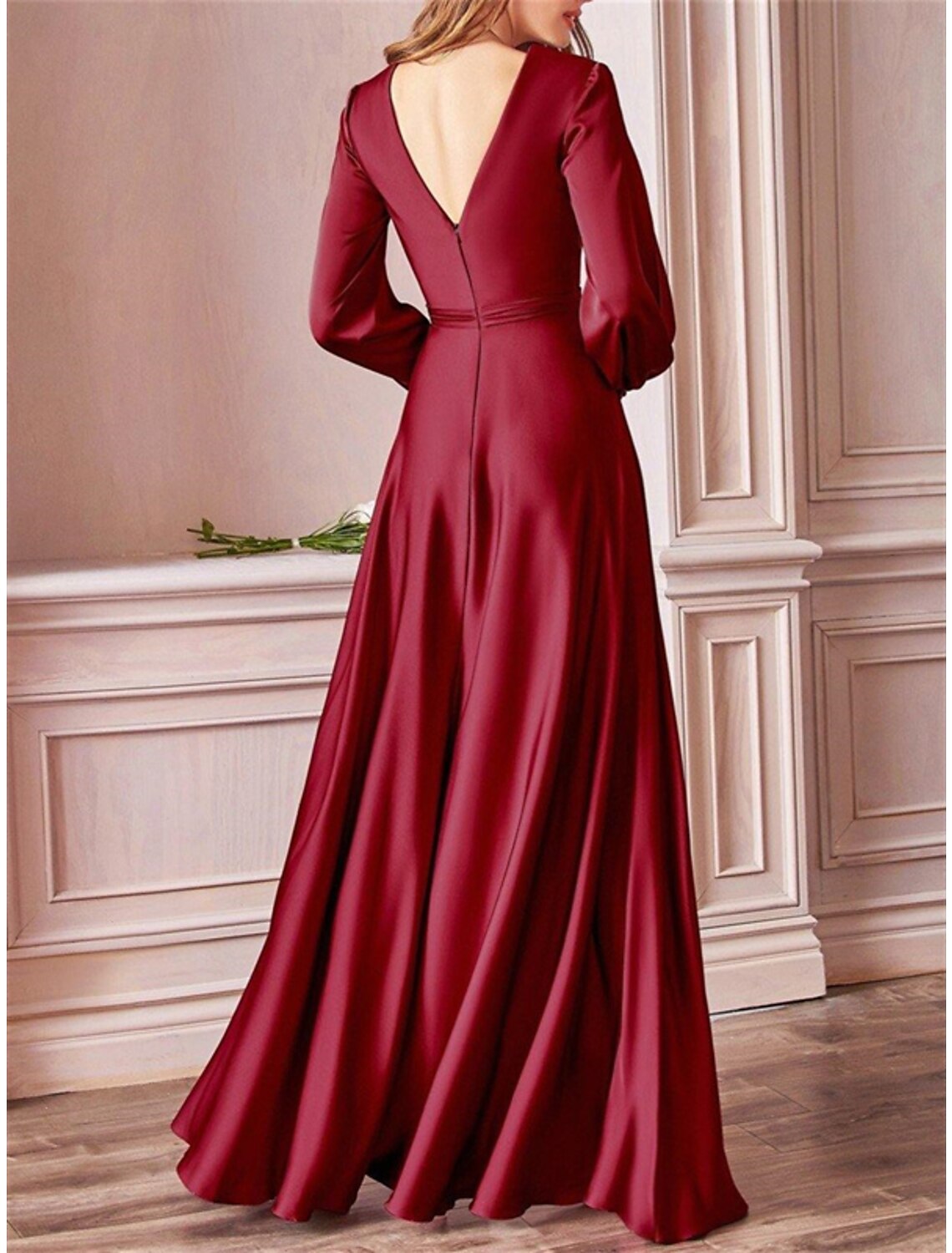 Wholesale A-Line Bridesmaid Dress V Neck Long Sleeve Blue Floor Length Chiffon with Split Front / Ruching
