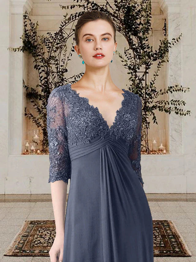 Wholesale A-Line Mother of the Bride Dress Elegant V Neck Sweep / Brush Train Chiffon Lace Half Sleeve with Appliques