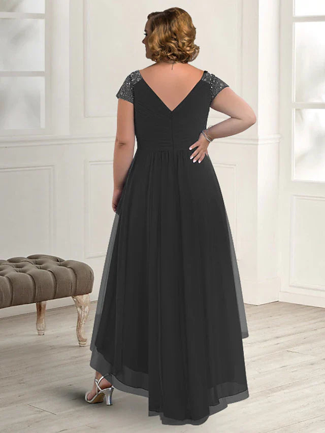 Wholesale A-Line Mother of the Bride Dress Plus Size Elegant High Low V Neck Asymmetrical Floor Length Chiffon Short Sleeve with Pleats Beading