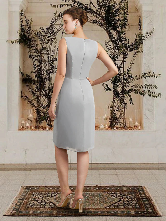 Wholesale Two Piece Sheath / Column Mother of the Bride Dress Church Elegant Square Neck Jewel Neck Knee Length Chiffon Lace Sleeveless Wrap Included with Ruffles Appliques