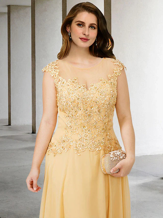 Wholesale A-Line Plus Size Curve Mother of the Bride Dresses Elegant Dress Formal Sweep / Brush Train Sleeveless Jewel Neck Chiffon with Beading Appliques