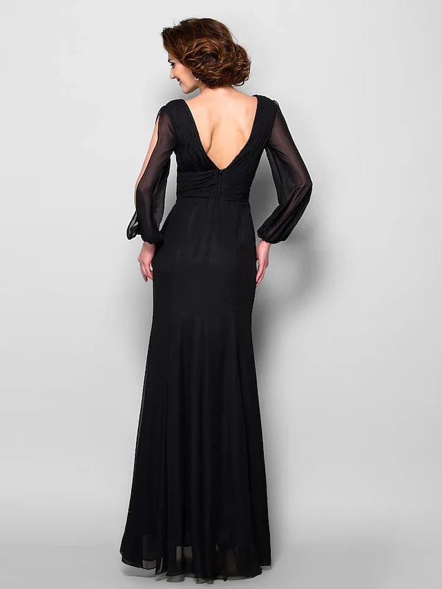 Wholesale A-Line Mother of the Bride Dress Open Back V Neck Floor Length Chiffon Long Sleeve with Criss Cross