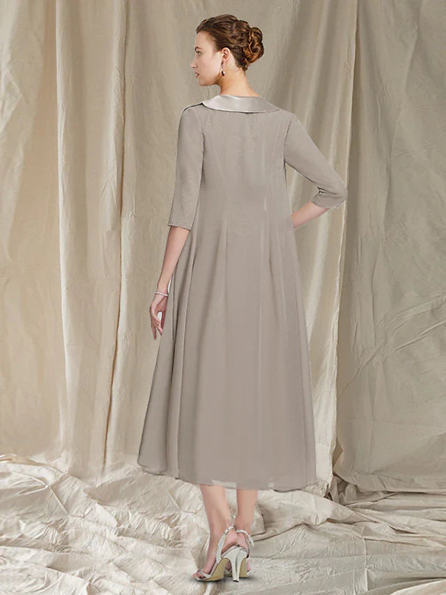 Wholesale Two Piece A-Line Mother of the Bride Dress Church Elegant Jewel Neck Tea Length Chiffon Lace Half Sleeve Jacket Dresses with Appliques