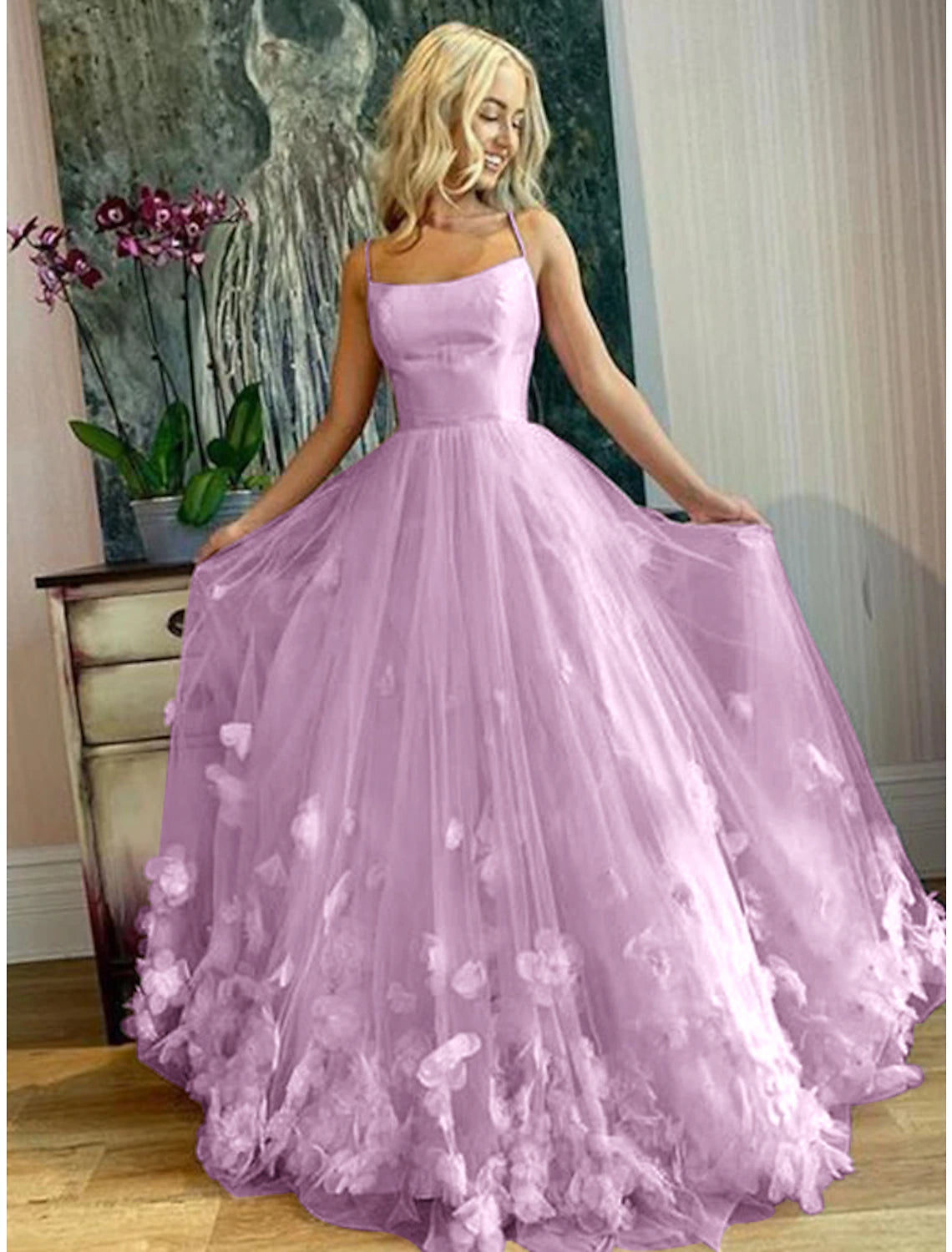 Wholesale  A-Line Prom Dresses Floral Dress Performance Sweet 16 Floor Length Sleeveless Spaghetti Strap Tulle with Pleats Appliques