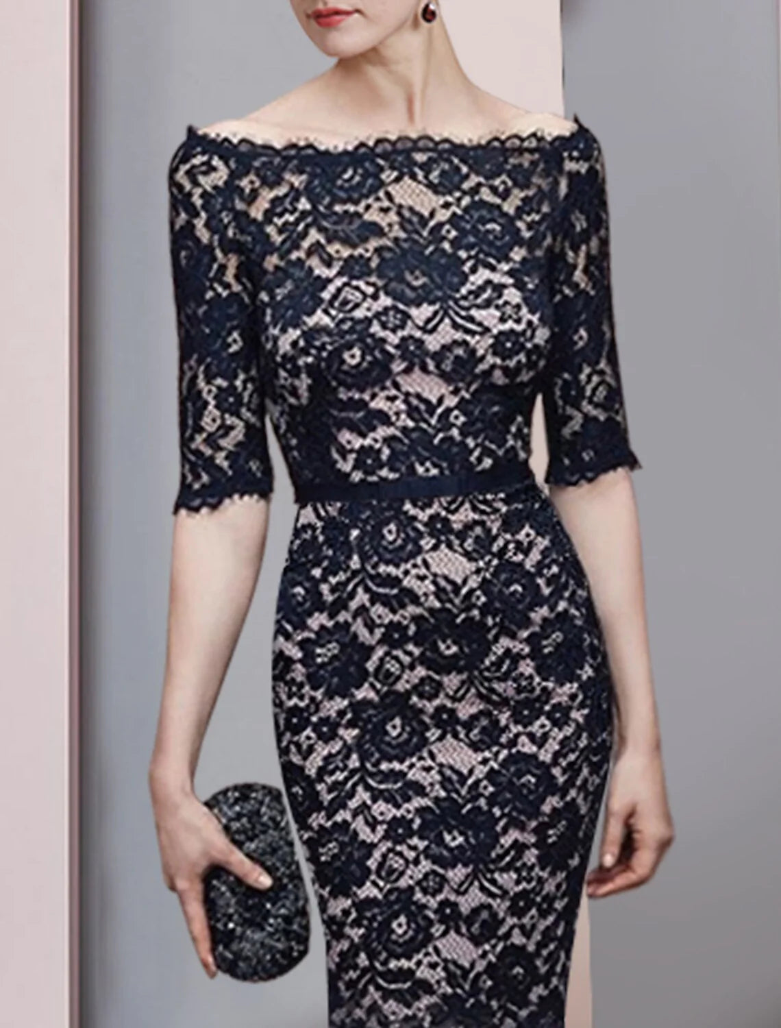 Wholesale Sheath / Column Mother of the Bride Dress Formal Wedding Guest Vintage Elegant Off Shoulder Floor Length Lace 3/4 Length Sleeve with Sash / Ribbon Fall