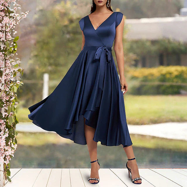 Wholesale A-Line Mother of the Bride Dress Elegant Sexy High Low V Neck Asymmetrical Tea Length Charmeuse Cap Sleeve with Bow(s) Pleats