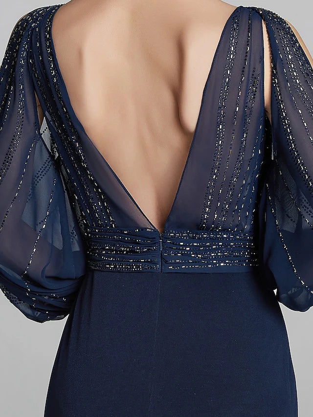 Wholesale Sheath / Column Mother of the Bride Dress Sparkle & Shine Boat Neck Floor Length Chiffon Jersey Long Sleeve No with Beading Ruching