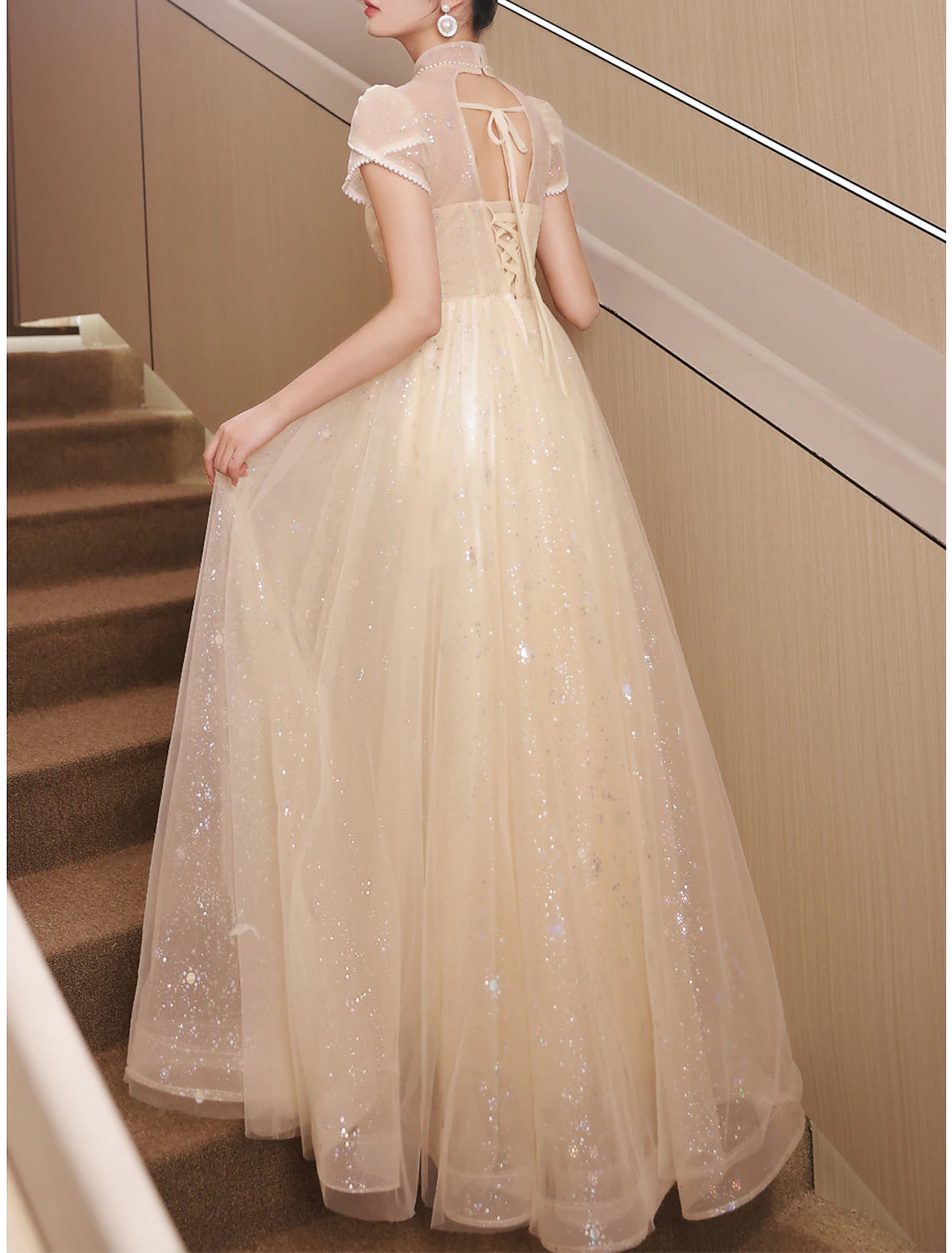 Wholesale A-Line Evening Gown Sparkle & Shine Dress Engagement Prom Floor Length Short Sleeve Stand Collar Satin with Buttons Ruched Pearls