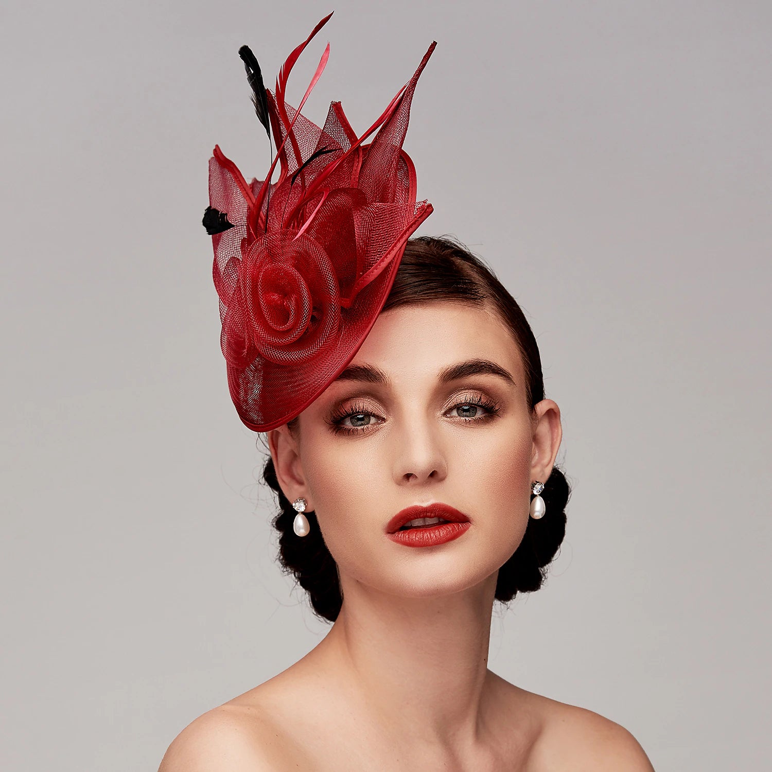 Wholesale Fascinators Feather Net Kentucky Derby Hat Fascinators Headpiece with Feather Floral Flower 1PC Wedding Horse Race Ladies Day Melbourne Cup Headpiece