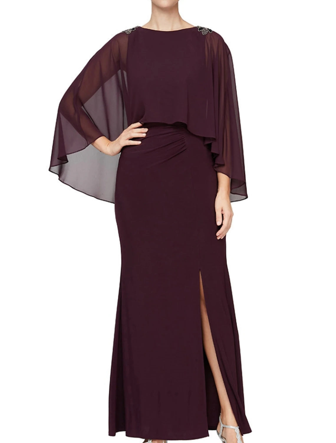 Wholesale A-Line Mother of the Bride Dress Wedding Guest Elegant Jewel Neck Ankle Length Chiffon Long Sleeve with Sequin Split Front Ruching