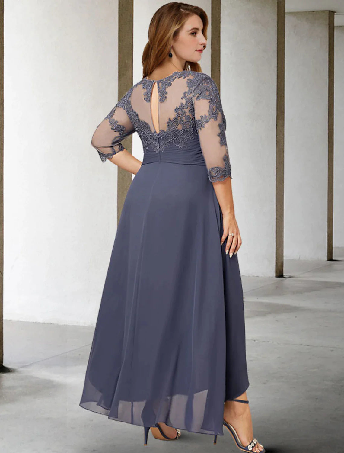 Wholesale A-Line Mother of the Bride Dresses Plus Size Hide Belly Curve Elegant Fall Wedding Guest Dress Formal Asymmetrical 3/4 Length Sleeve Jewel Neck Chiffon with Pleats Ruched Appliques
