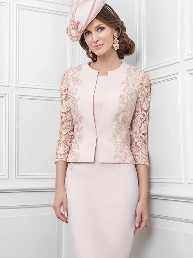 Wholesale Sheath / Column Mother of the Bride Dress Vintage Plus Size Elegant Jewel Neck Knee Length Satin 3/4 Length Sleeve with Lace