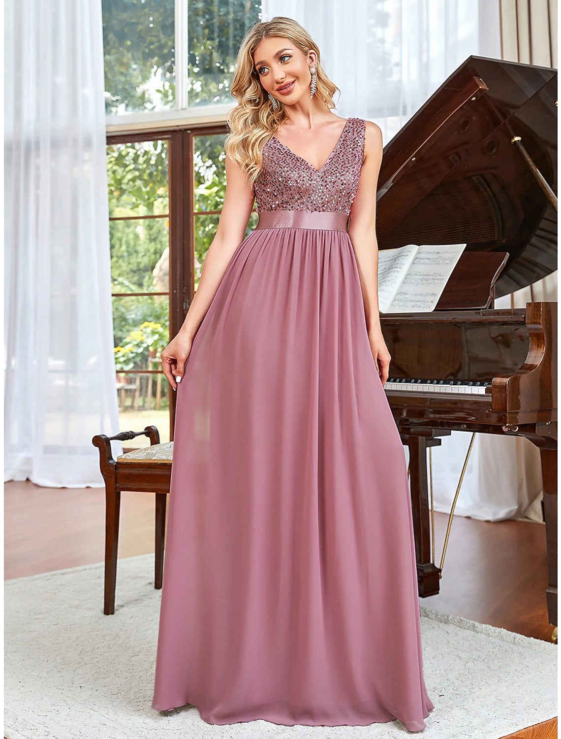 Wholesale  A-Line Prom Dresses Sparkle & Shine Dress Wedding Guest Prom Floor Length Sleeveless V Neck Chiffon V Back with Draping