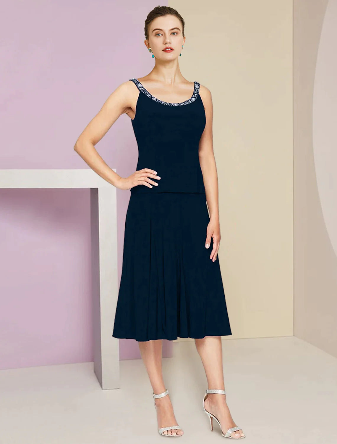 Wholesale A-Line Mother of the Bride Dress Wedding Guest Elegant Petite Jewel Neck Knee Length Stretch Fabric 3/4 Length Sleeve with Pleats Crystals