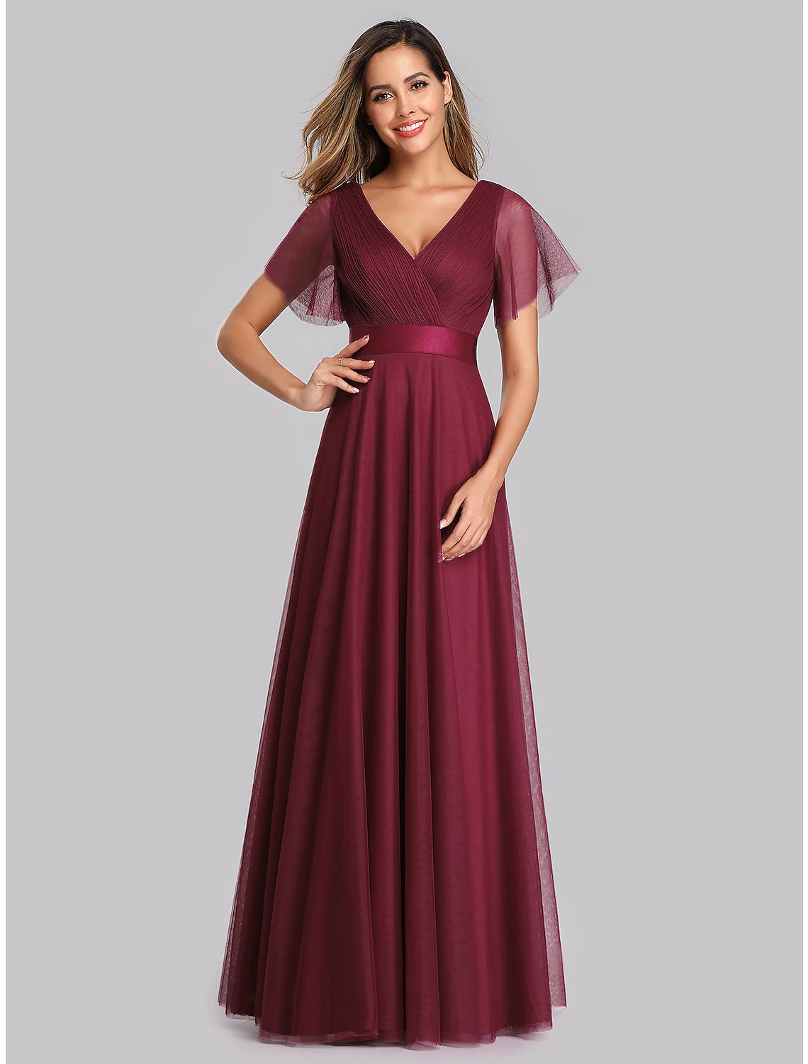 Wholesale  A-Line Empire Wedding Guest Prom Dress V Neck V Back Short Sleeve Floor Length Chiffon with Pleats Ruched