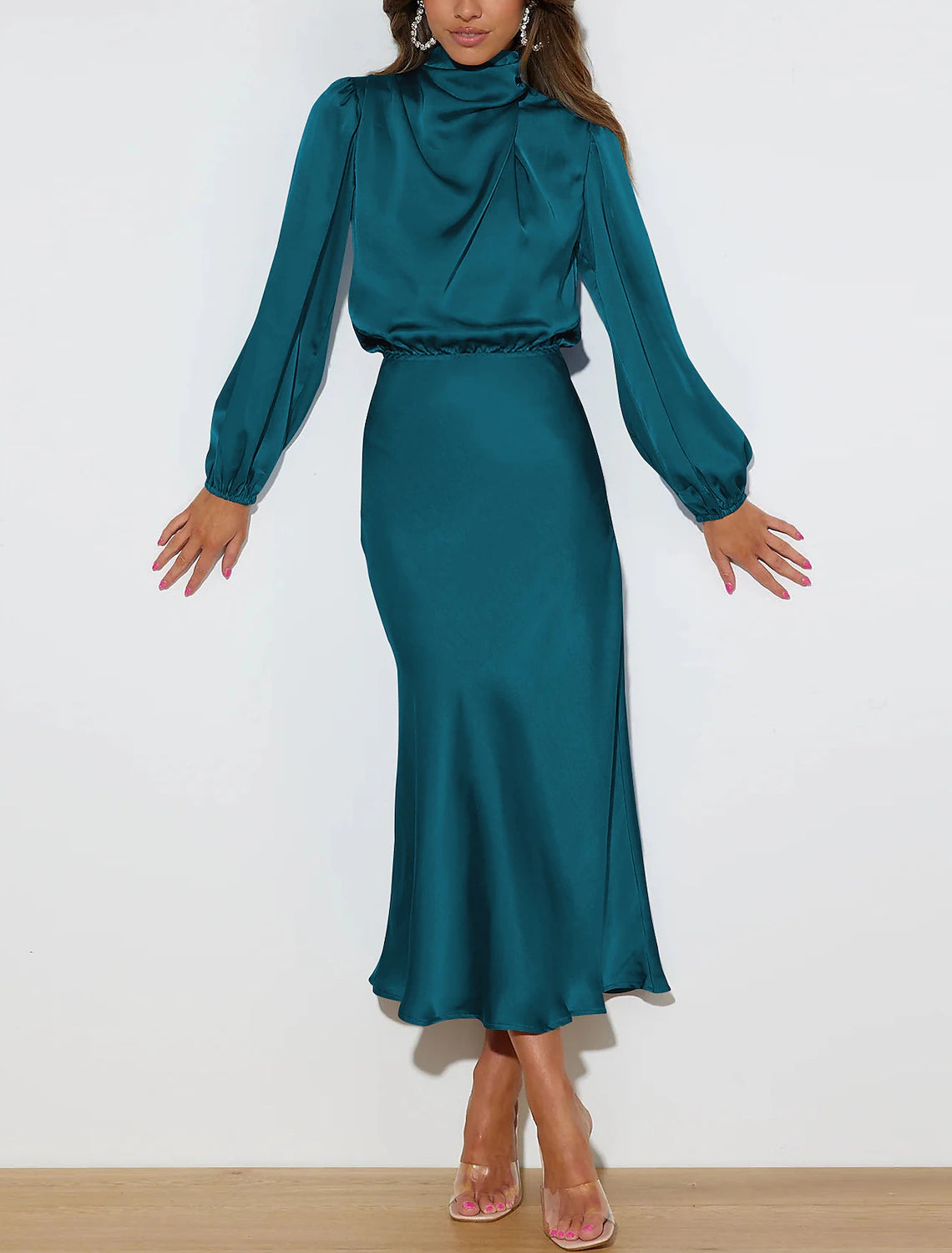 Wholesale Champagne Green Pink Mermaid / Trumpet Party Dresses Vintage Dress Birthday Ankle Length Long Sleeve High Neck Fall Wedding Reception Stretch Satin