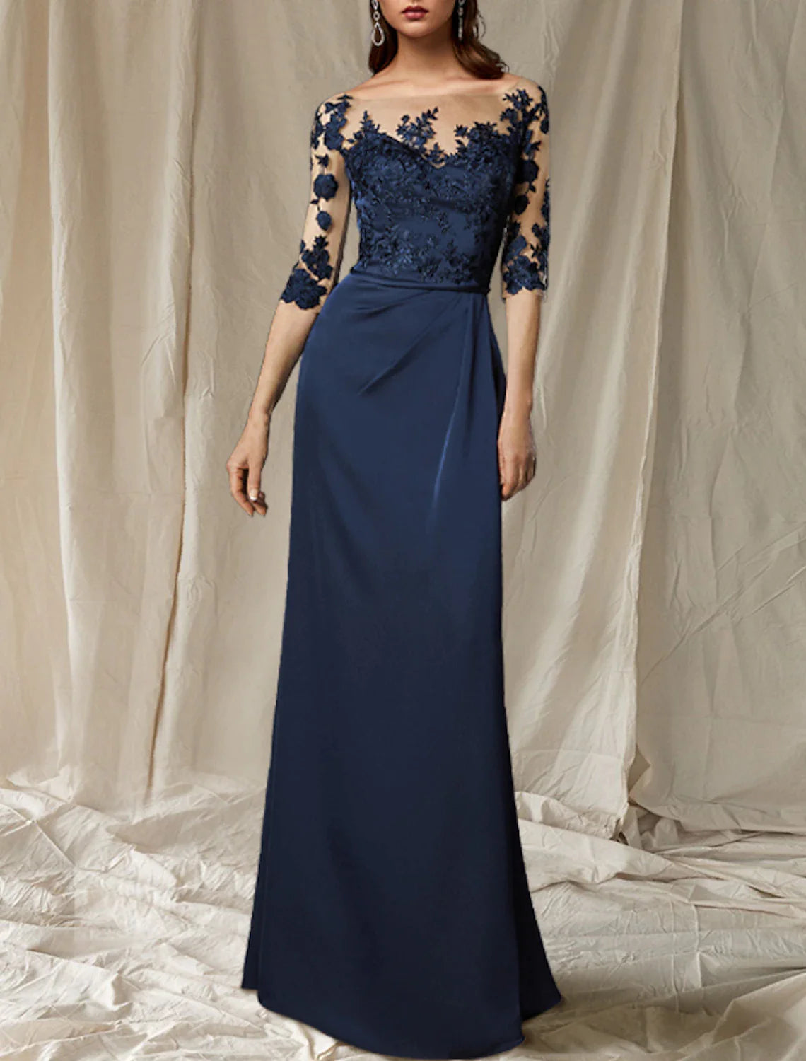 Wholesale Sheath / Column Mother of the Bride Dress Wedding Guest Plus Size Elegant Jewel Neck Sweep / Brush Train Chiffon Half Sleeve with Appliques Fall