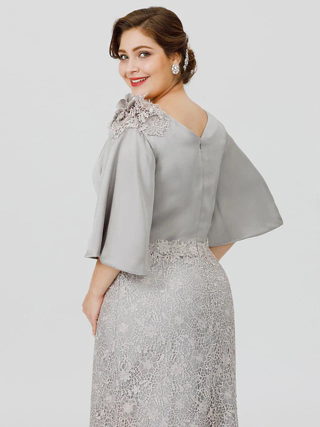 Wholesale Mermaid / Trumpet Mother of the Bride Dress Plus Size Sexy Cowl Neck Sweep / Brush Train Satin Chiffon Lace Over Satin Half Sleeve No with Appliques