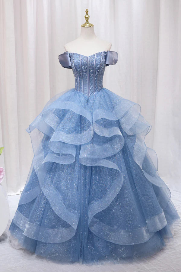 Wholesale Blue Tulle Layers Long Prom Gown A-Line Blue Evening Dress