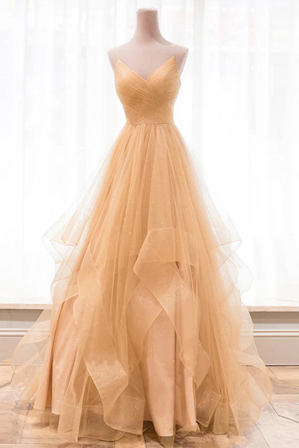 Wholesale Gold V-Neck Tulle Long Prom Dress A-Line Evening Dress