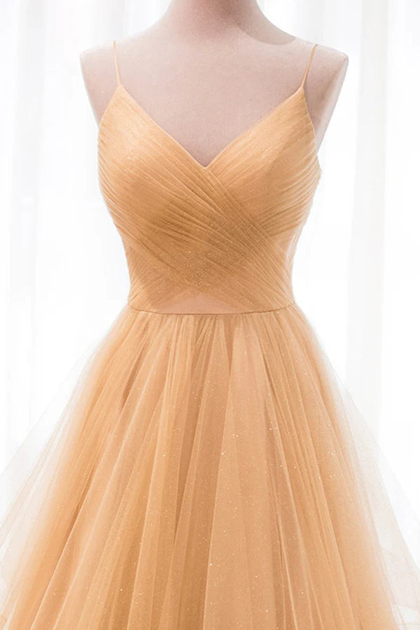 Wholesale Gold V-Neck Tulle Long Prom Dress A-Line Evening Dress