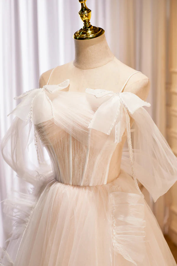 Wholesale Champagne Tulle Long Prom Dress Spaghetti Strap Evening Dress with Bow