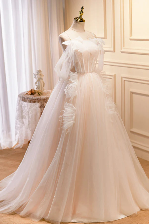 Wholesale Champagne Tulle Long Prom Dress Spaghetti Strap Evening Dress with Bow