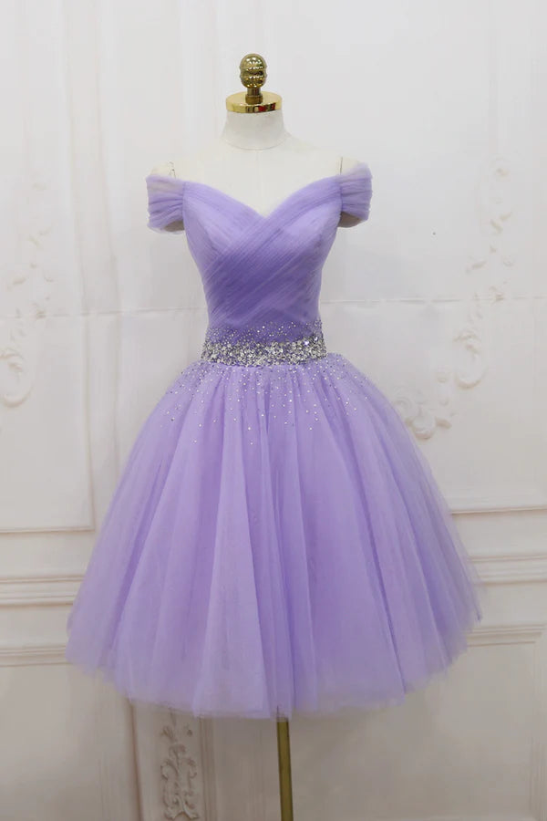 Wholesale Purple Tulle Beaded Short Prom Dress Off Shoulder Party Dress