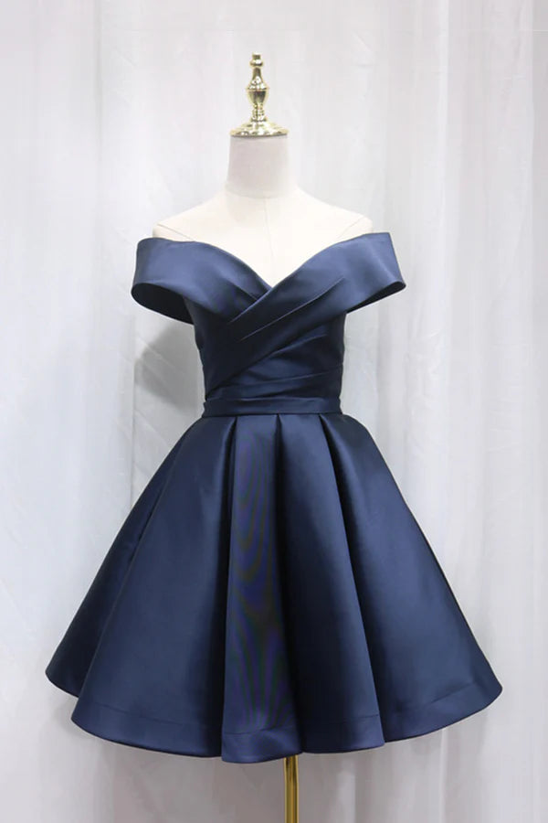 Wholesale Simple Satin Short Prom Dress Off Shoulder Blue Party Dress