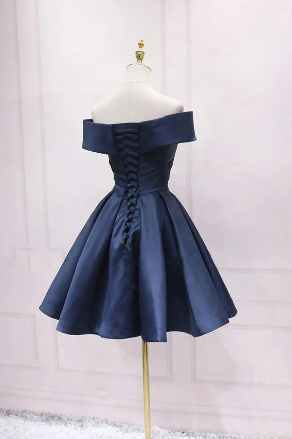 Wholesale Simple Satin Short Prom Dress Off Shoulder Blue Party Dress
