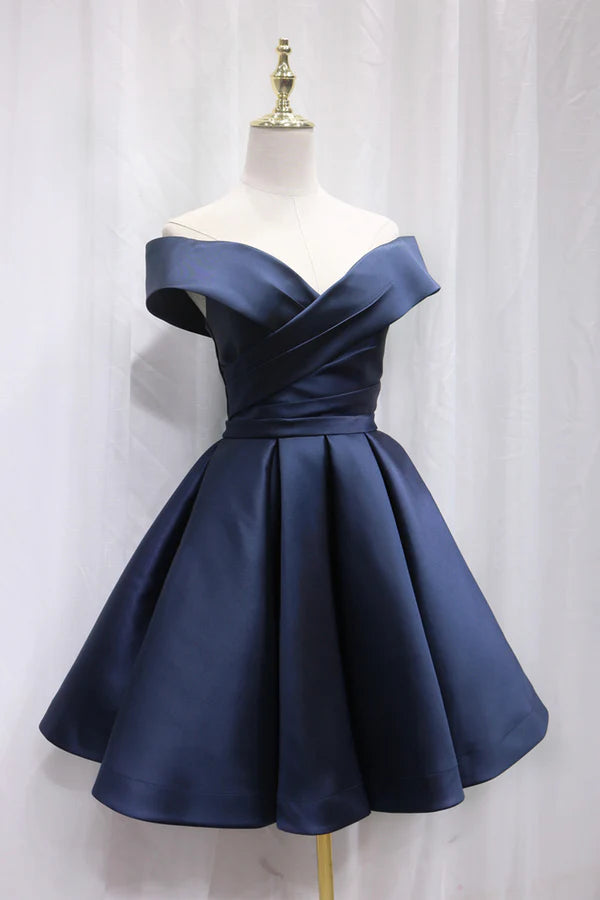 Wholesale Simple Satin Short Prom Dress Off Shoulder Blue Party Dress