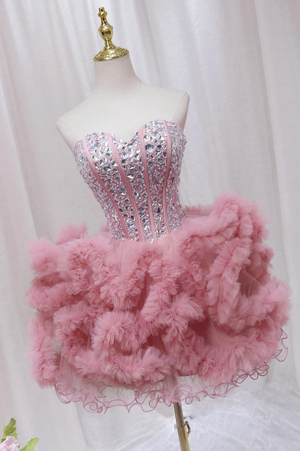 Wholesale Pink Tulle Short Homecoming Dress with Rhinestones Cute Party Dress
