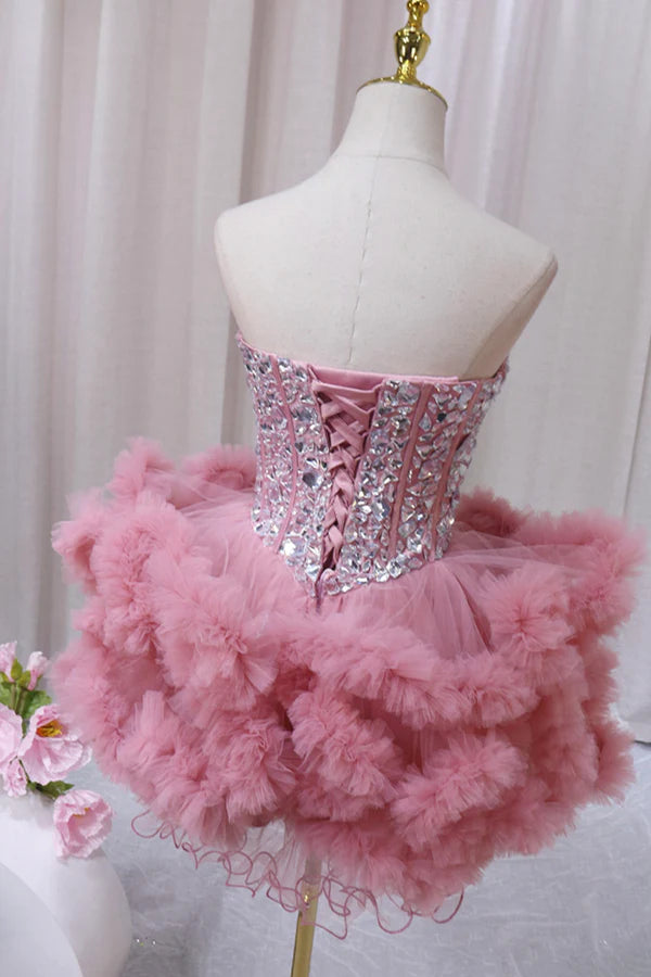 Wholesale Pink Tulle Short Homecoming Dress with Rhinestones Cute Party Dress